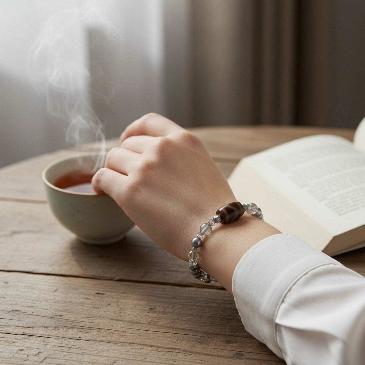 Horse Tooth Dzi Bead +  Grey Moonstone w/ Akoya Pearl Bangle