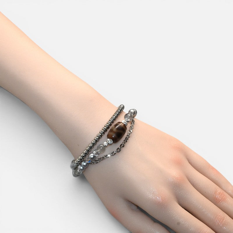Horse Tooth Dzi Bead +  Grey Moonstone w/ Akoya Pearl Bangle