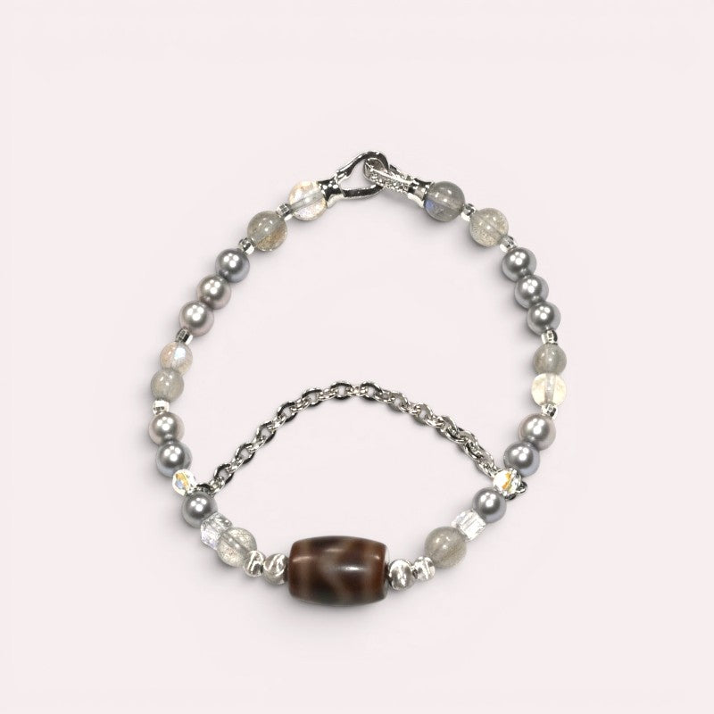 Horse Tooth Dzi Bead +  Grey Moonstone w/ Akoya Pearl Bangle
