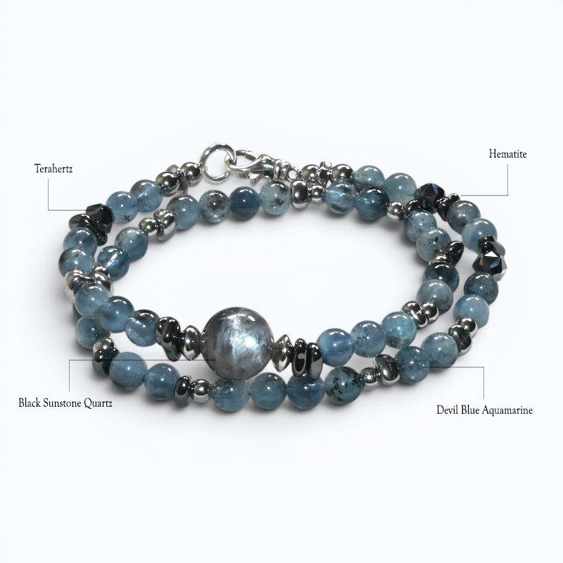 Black Sunstone w/ Devil Blue Aquamarine Dual -Loop Bracelet
