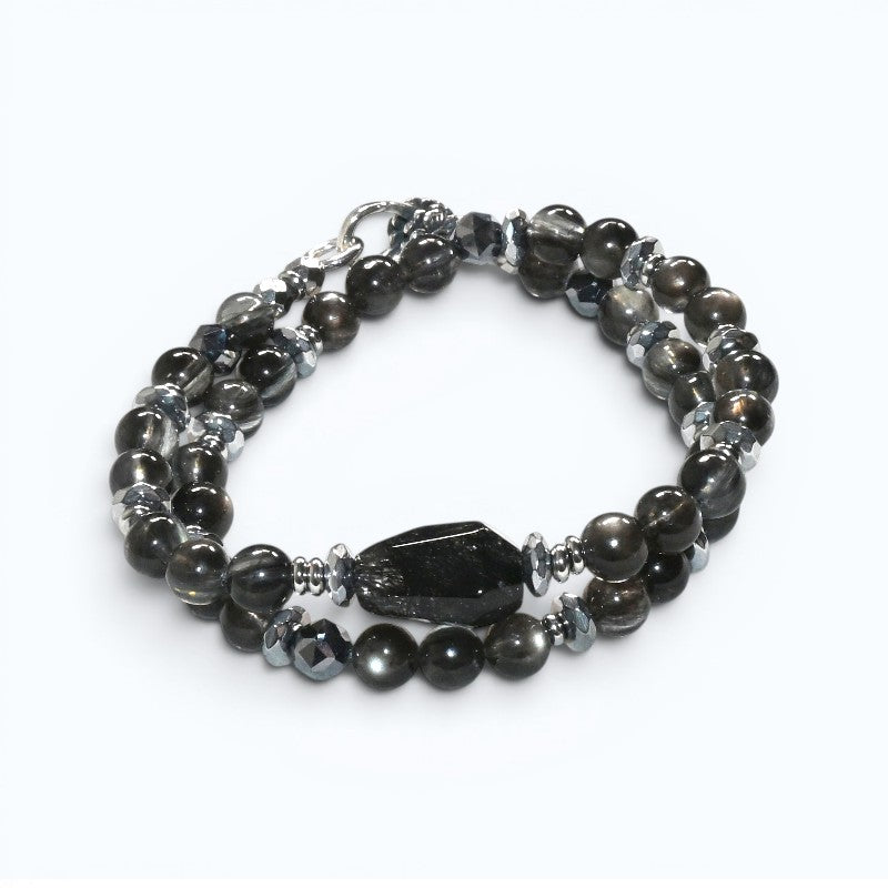 Blackgold Super Seven Quartz Charm w/ Black Skeletal Sunstone Dual -Loop Bracelet