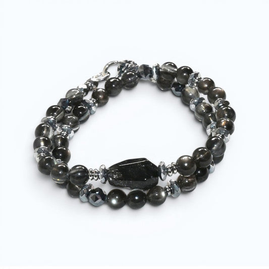 Blackgold Super Seven Quartz Charm w/ Black Skeletal Sunstone Dual -Loop Bracelet