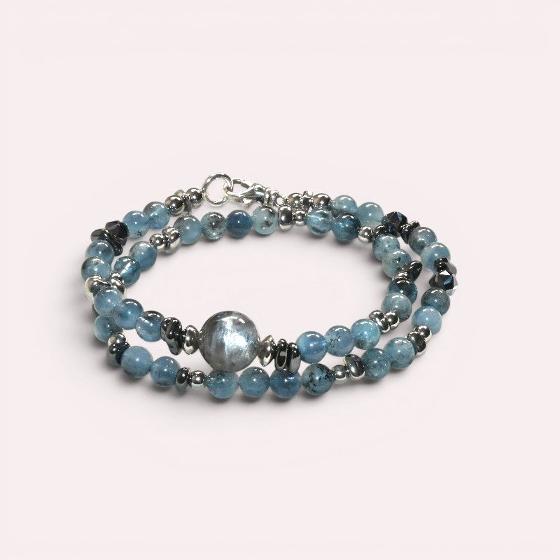 Black Sunstone w/ Devil Blue Aquamarine Dual -Loop Bracelet