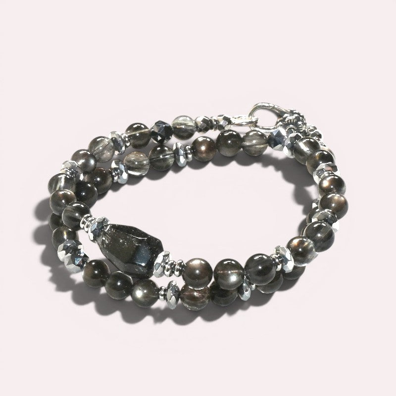Blackgold Super Seven Quartz Charm w/ Black Skeletal Sunstone Dual -Loop Bracelet
