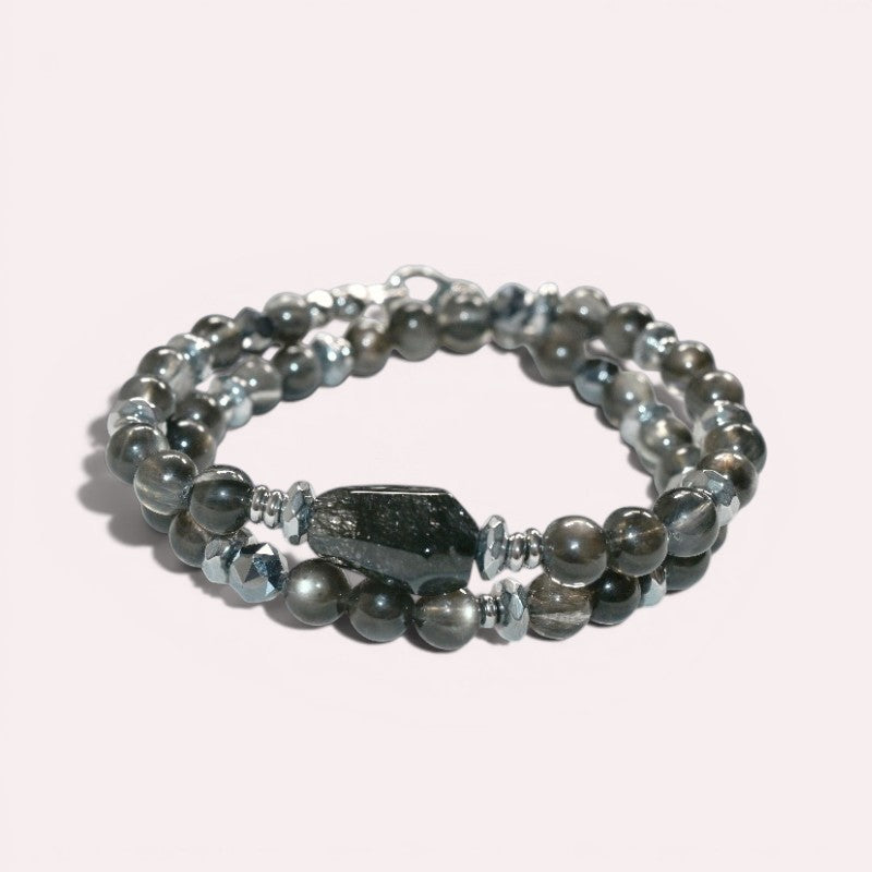 Blackgold Super Seven Quartz Charm w/ Black Skeletal Sunstone Dual -Loop Bracelet