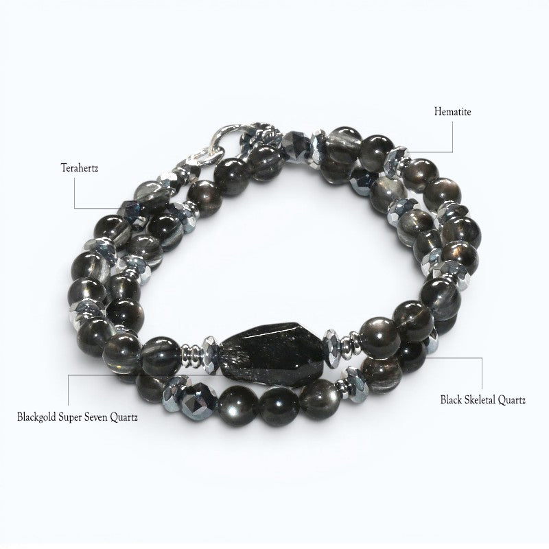 Blackgold Super Seven Quartz Charm w/ Black Skeletal Sunstone Dual -Loop Bracelet