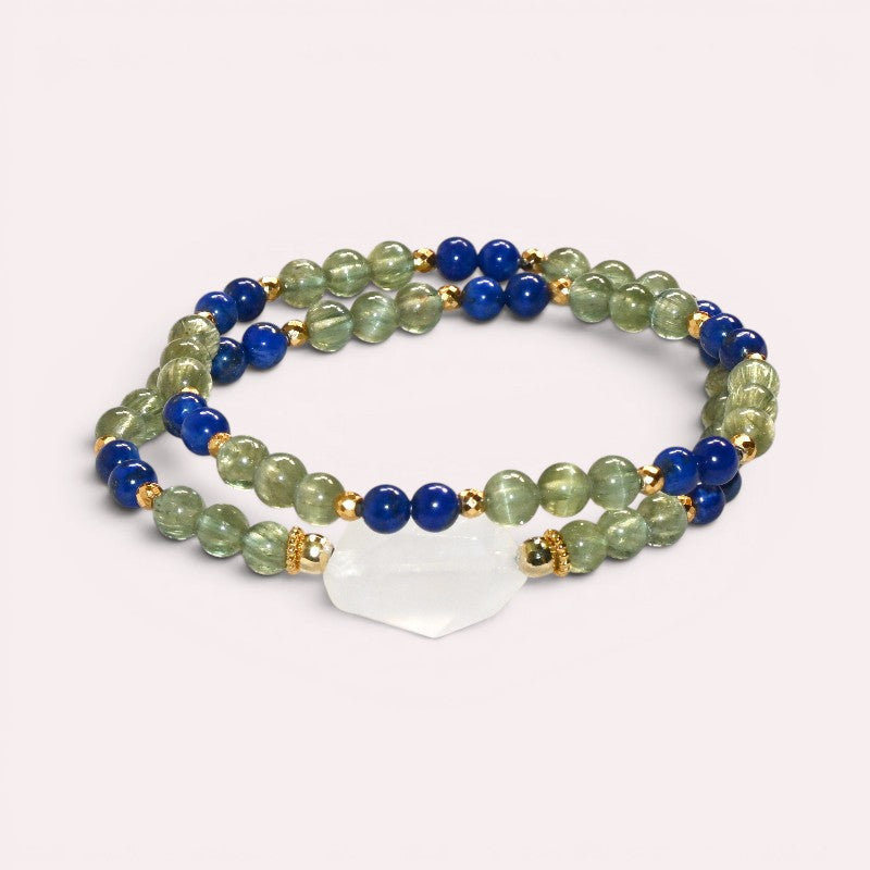 Moonstone Charm + Green Rutilated Tourmaline Quartz w/ Lapis Lazuli Dual- Loop Bracelet
