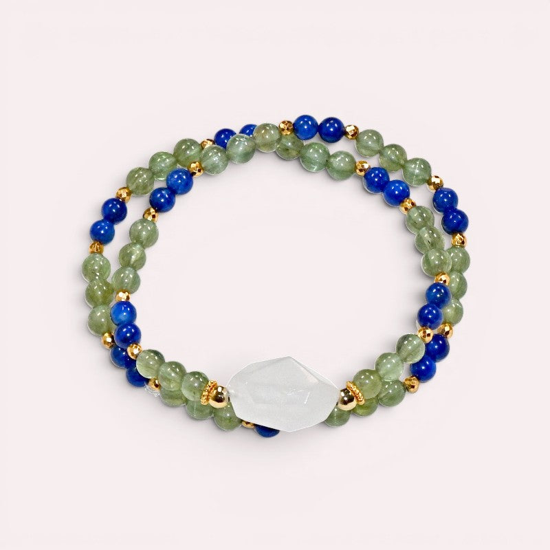 Moonstone Charm + Green Rutilated Tourmaline Quartz w/ Lapis Lazuli Dual- Loop Bracelet