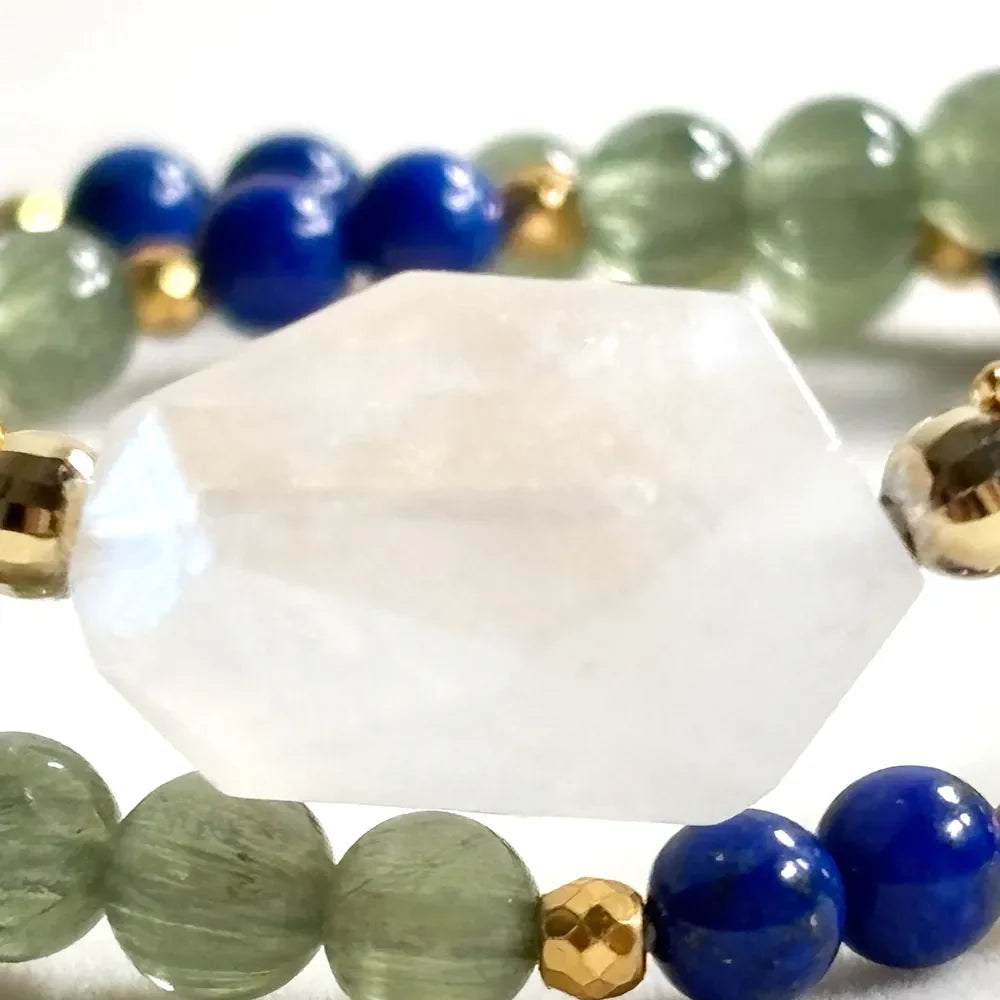 Moonstone Charm + Green Rutilated Tourmaline Quartz w/ Lapis Lazuli Dual- Loop Bracelet