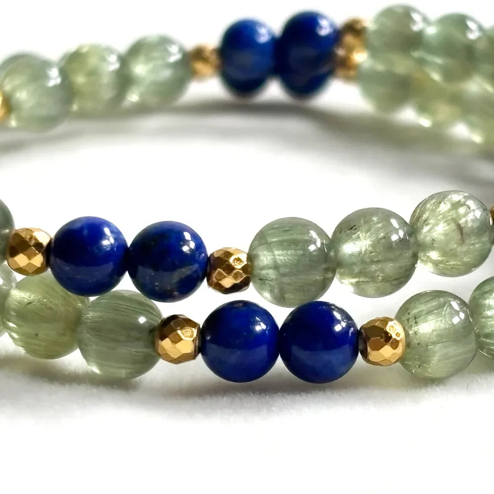 Moonstone Charm + Green Rutilated Tourmaline Quartz w/ Lapis Lazuli Dual- Loop Bracelet
