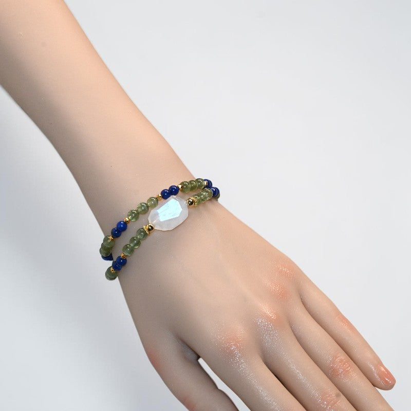 Moonstone Charm + Green Rutilated Tourmaline Quartz w/ Lapis Lazuli Dual- Loop Bracelet