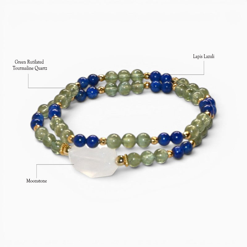 Moonstone Charm + Green Rutilated Tourmaline Quartz w/ Lapis Lazuli Dual- Loop Bracelet