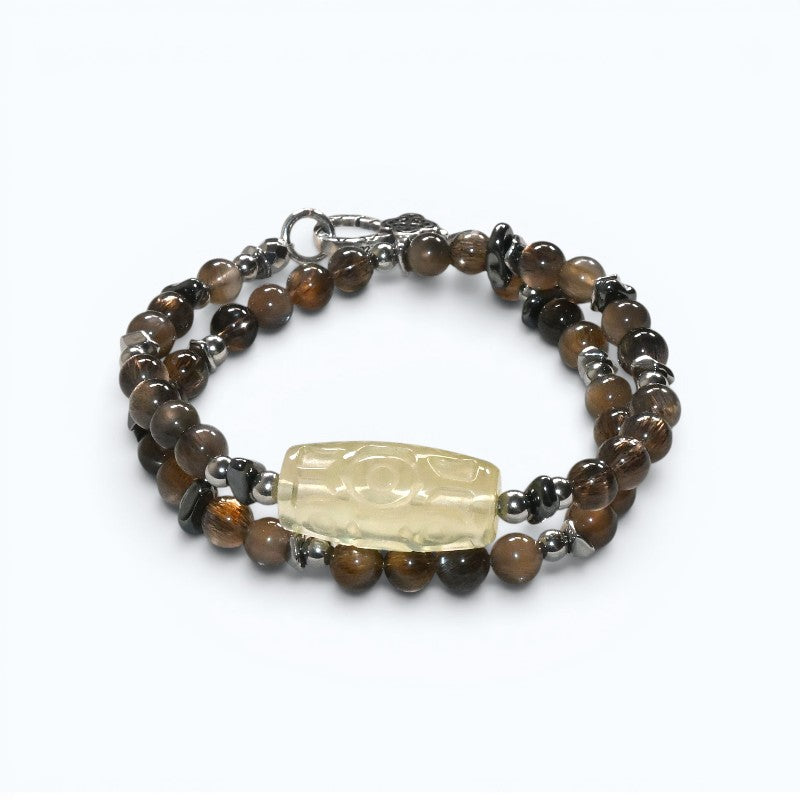 Nine Eye Citrine Charm w/ Golden Skeletal Sunstone Dual -Loop Bracelet