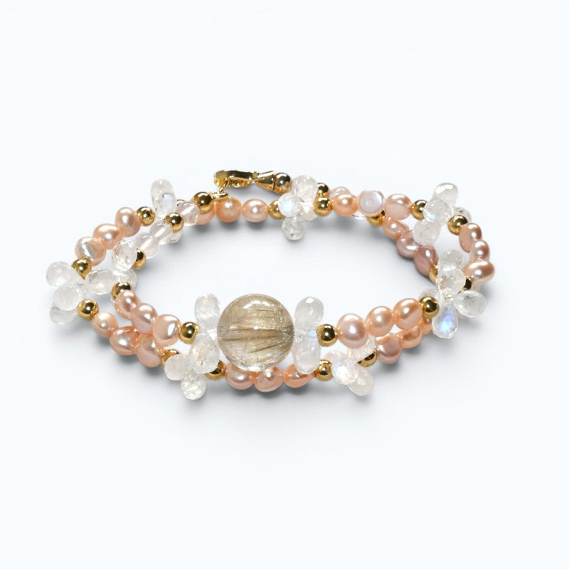 Golden Rutilated Quartz Charm + Mozambique Rose Quartz + Moonstone w/ Freshwater Pearl Dual- Loop Bracelet