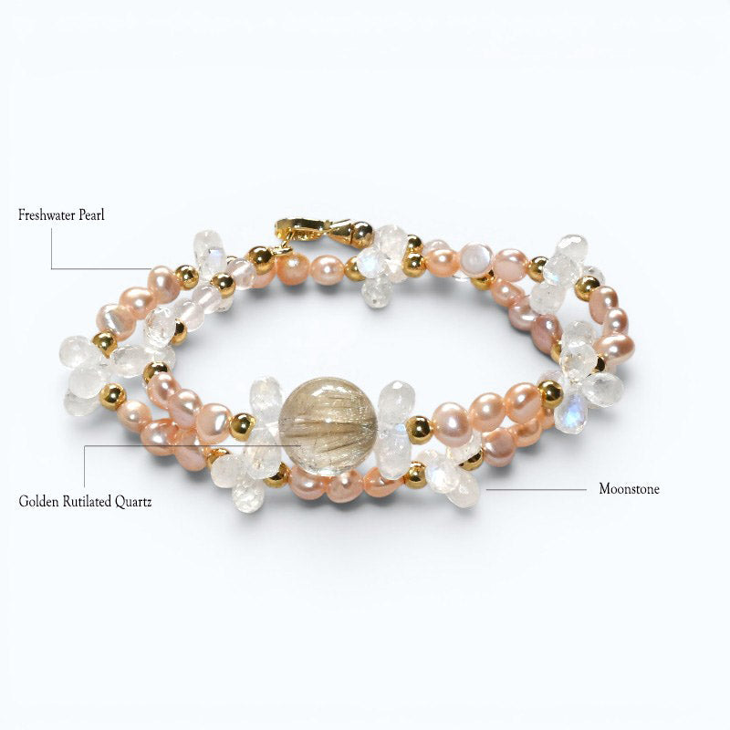 Golden Rutilated Quartz Charm + Mozambique Rose Quartz + Moonstone w/ Freshwater Pearl Dual- Loop Bracelet