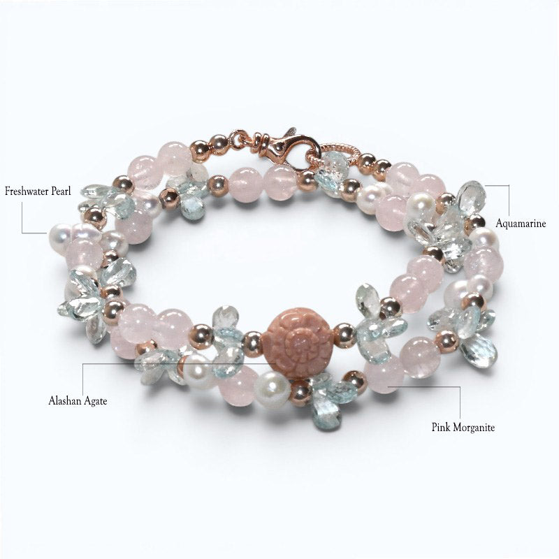 Alashan Agate Charm + Pink Morganite +Aquamarine w/ Freshwater Pearl Dual- Loop Bracelet