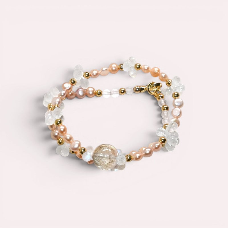 Golden Rutilated Quartz Charm + Mozambique Rose Quartz + Moonstone w/ Freshwater Pearl Dual- Loop Bracelet