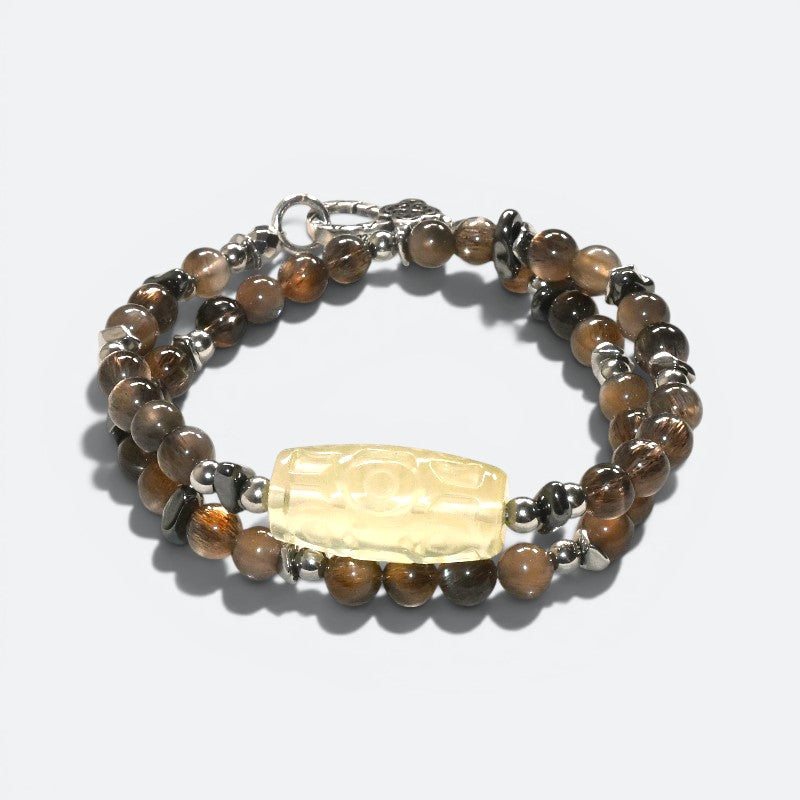 Nine Eye Citrine Charm w/ Golden Skeletal Sunstone Dual -Loop Bracelet
