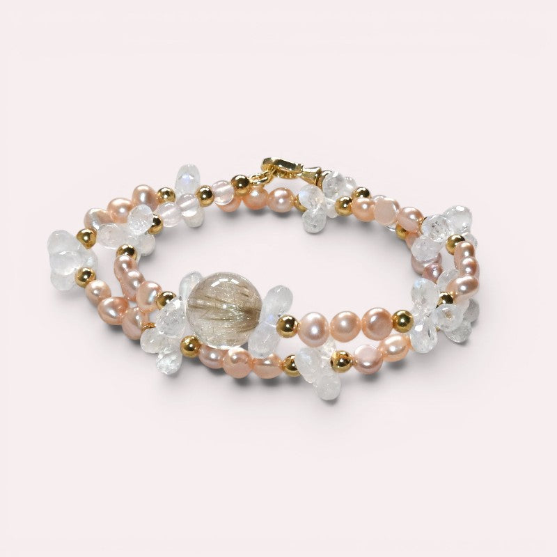 Golden Rutilated Quartz Charm + Mozambique Rose Quartz + Moonstone w/ Freshwater Pearl Dual- Loop Bracelet