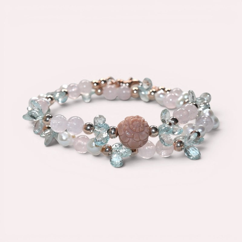 Alashan Agate Charm + Pink Morganite +Aquamarine w/ Freshwater Pearl Dual- Loop Bracelet