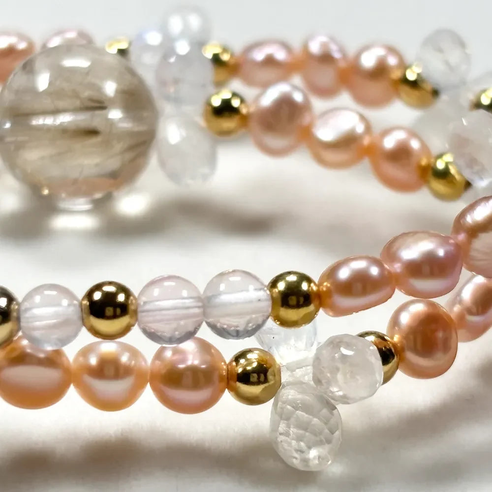 Golden Rutilated Quartz Charm + Mozambique Rose Quartz + Moonstone w/ Freshwater Pearl Dual- Loop Bracelet