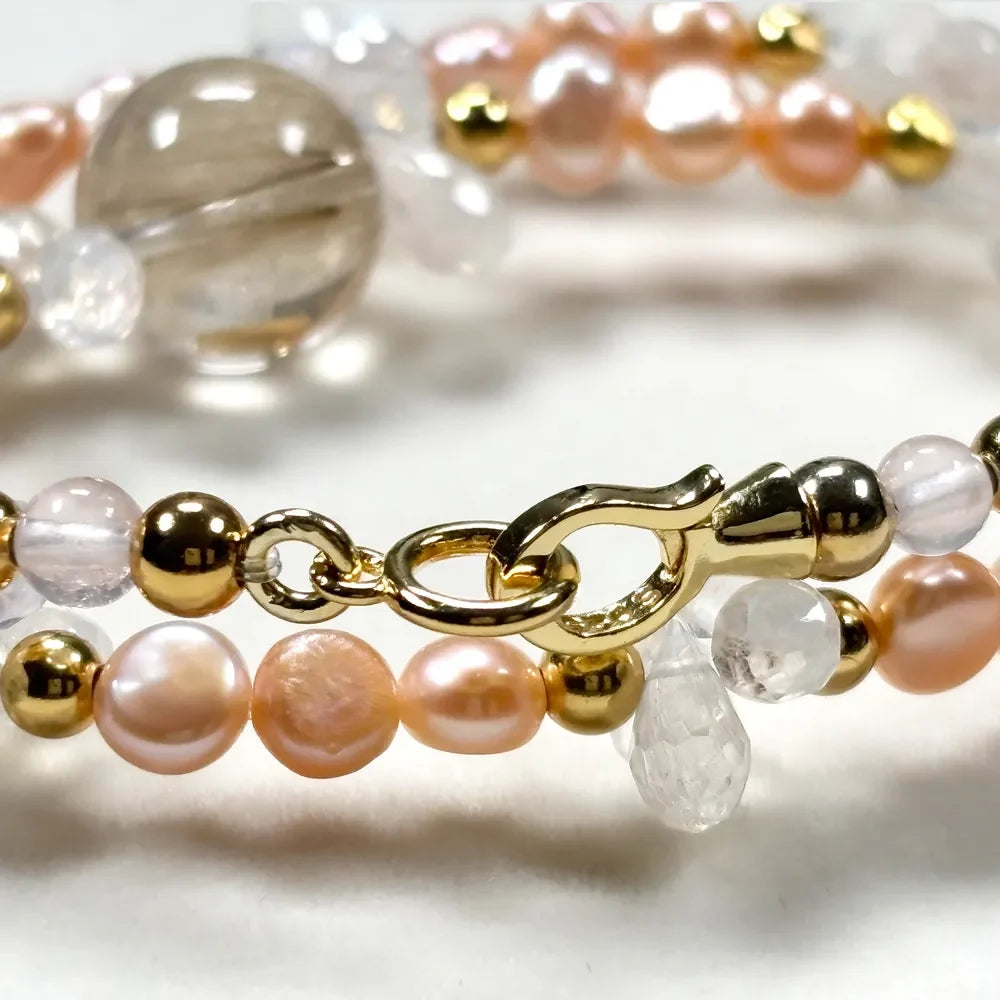 Golden Rutilated Quartz Charm + Mozambique Rose Quartz + Moonstone w/ Freshwater Pearl Dual- Loop Bracelet