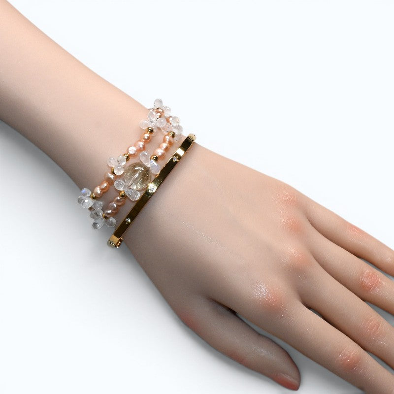 Golden Rutilated Quartz Charm + Mozambique Rose Quartz + Moonstone w/ Freshwater Pearl Dual- Loop Bracelet