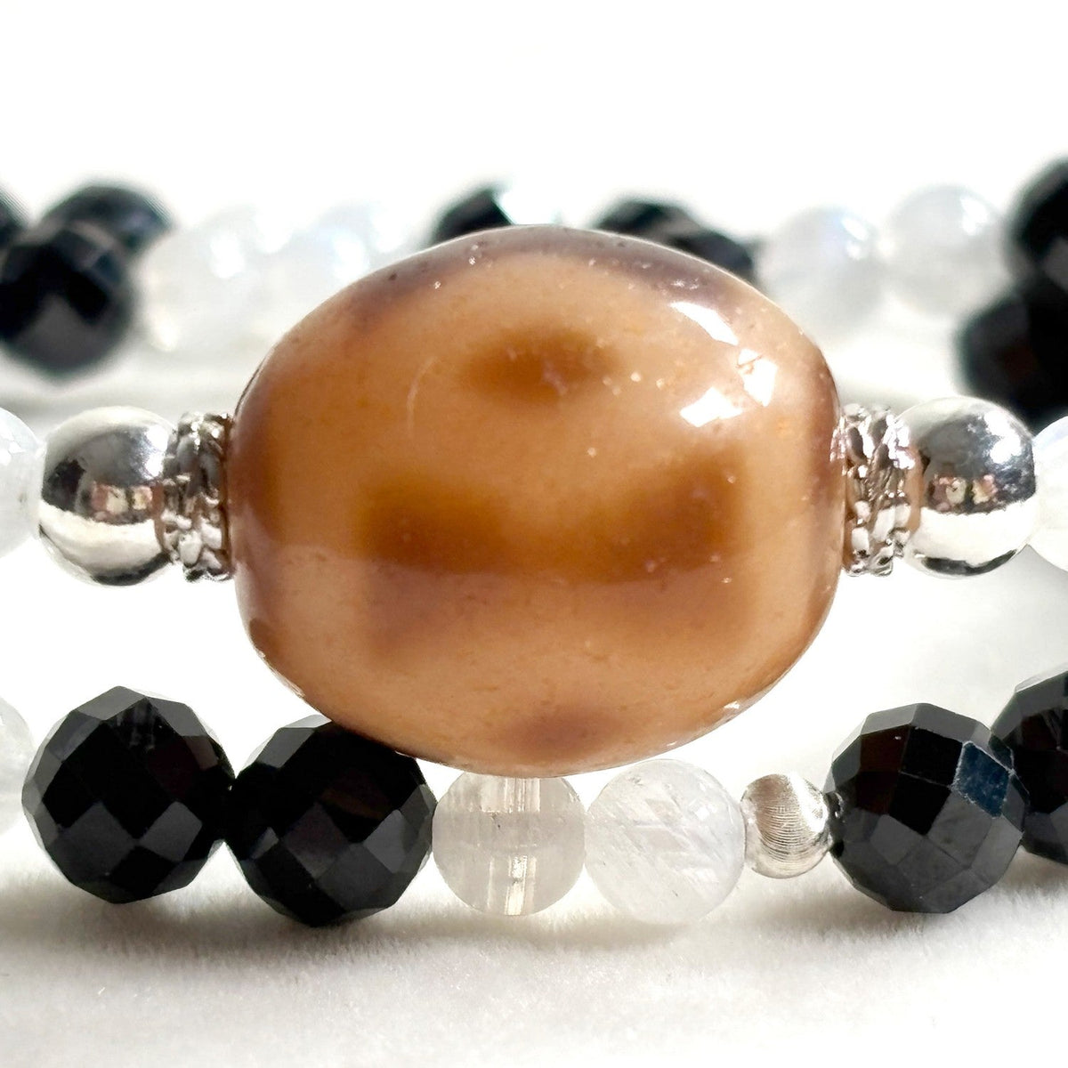 Vajra Four Eye Dzi Bead + Black Tourmaline w/ Moonstone Dual-Loop Bracelet
