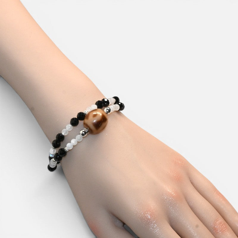 Vajra Four Eye Dzi Bead + Black Tourmaline w/ Moonstone Dual-Loop Bracelet