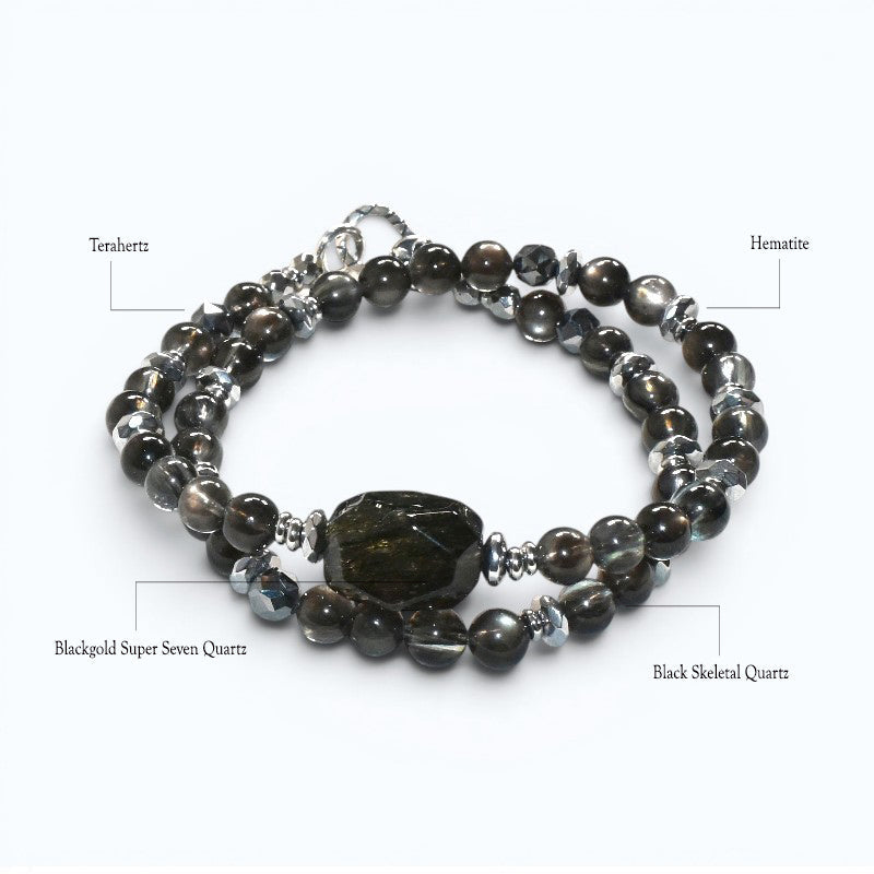 Blackgold Super Seven Quartz Charm w/ Black Skeletal Sunstone Dual -Loop Bracelet