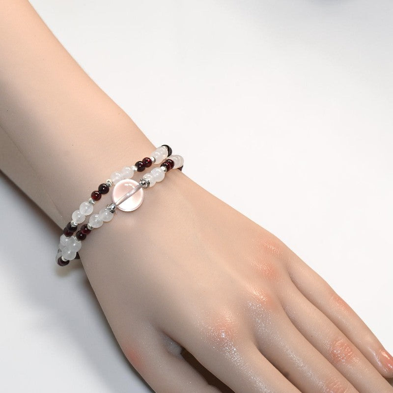 Mozambique Rose Quartz Charm + Garnet w/ Moonstone Dual- Loop Bracelet
