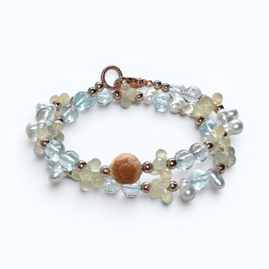 Alashan Agate Charm + Blue Topaz+ Prehnite w/ Freshwater Pearl Dual- Loop Bracelet
