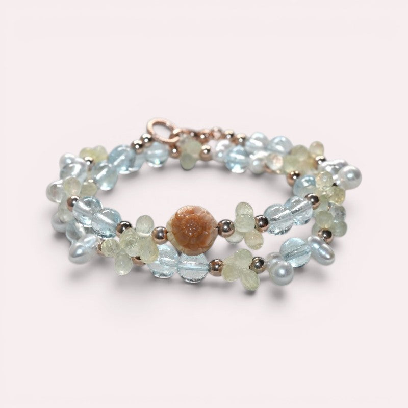 Alashan Agate Charm + Blue Topaz+ Prehnite w/ Freshwater Pearl Dual- Loop Bracelet