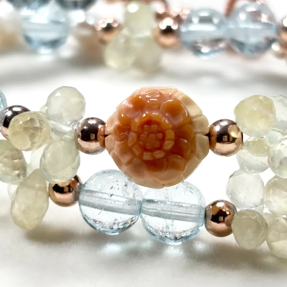 Alashan Agate Charm + Blue Topaz+ Prehnite w/ Freshwater Pearl Dual- Loop Bracelet