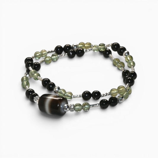 Black & White Dzi Bead + Hypersthene w/ Peridot Dual-Loop Bracelet