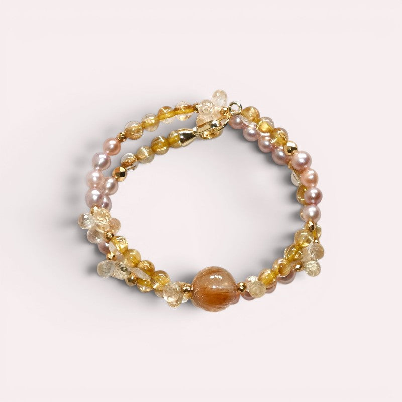 Golden Titanium Rutilated Quartz + Golden Titanium Rutilated Quartz  + Citrine w/ Freshwater Pearl Dual- Loop Bracelet