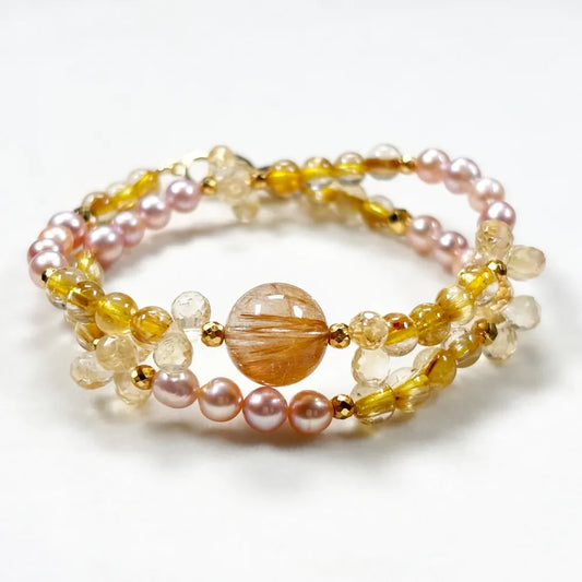 Golden Titanium Rutilated Quartz + Golden Titanium Rutilated Quartz  + Citrine w/ Freshwater Pearl Dual- Loop Bracelet