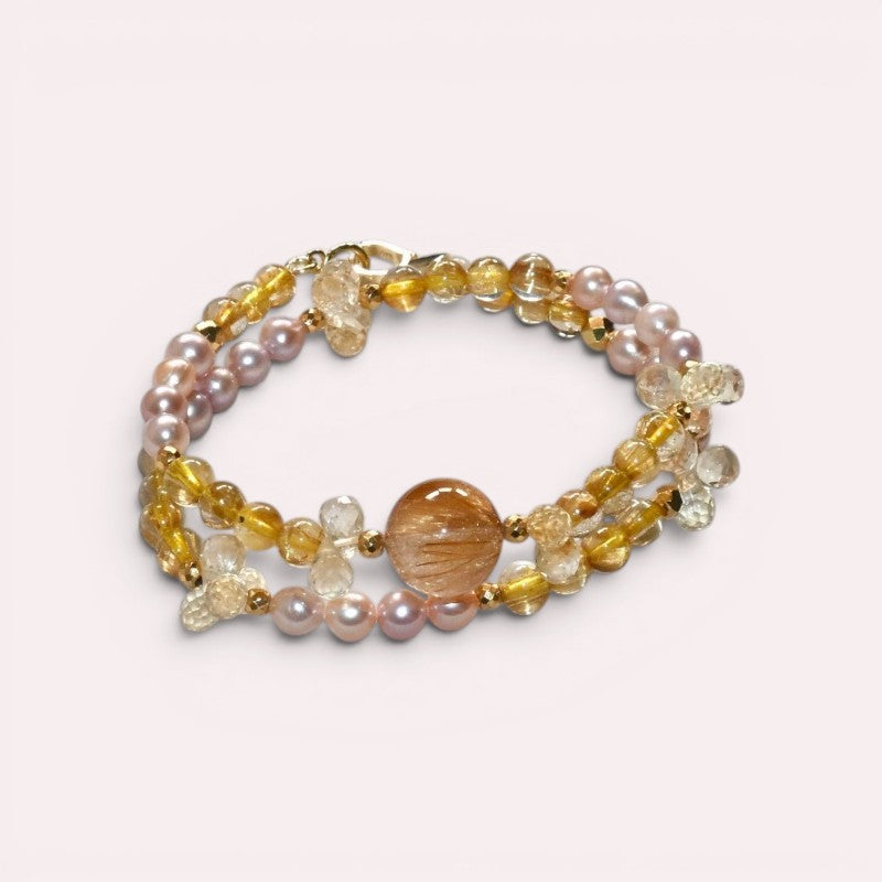 Golden Titanium Rutilated Quartz + Golden Titanium Rutilated Quartz  + Citrine w/ Freshwater Pearl Dual- Loop Bracelet