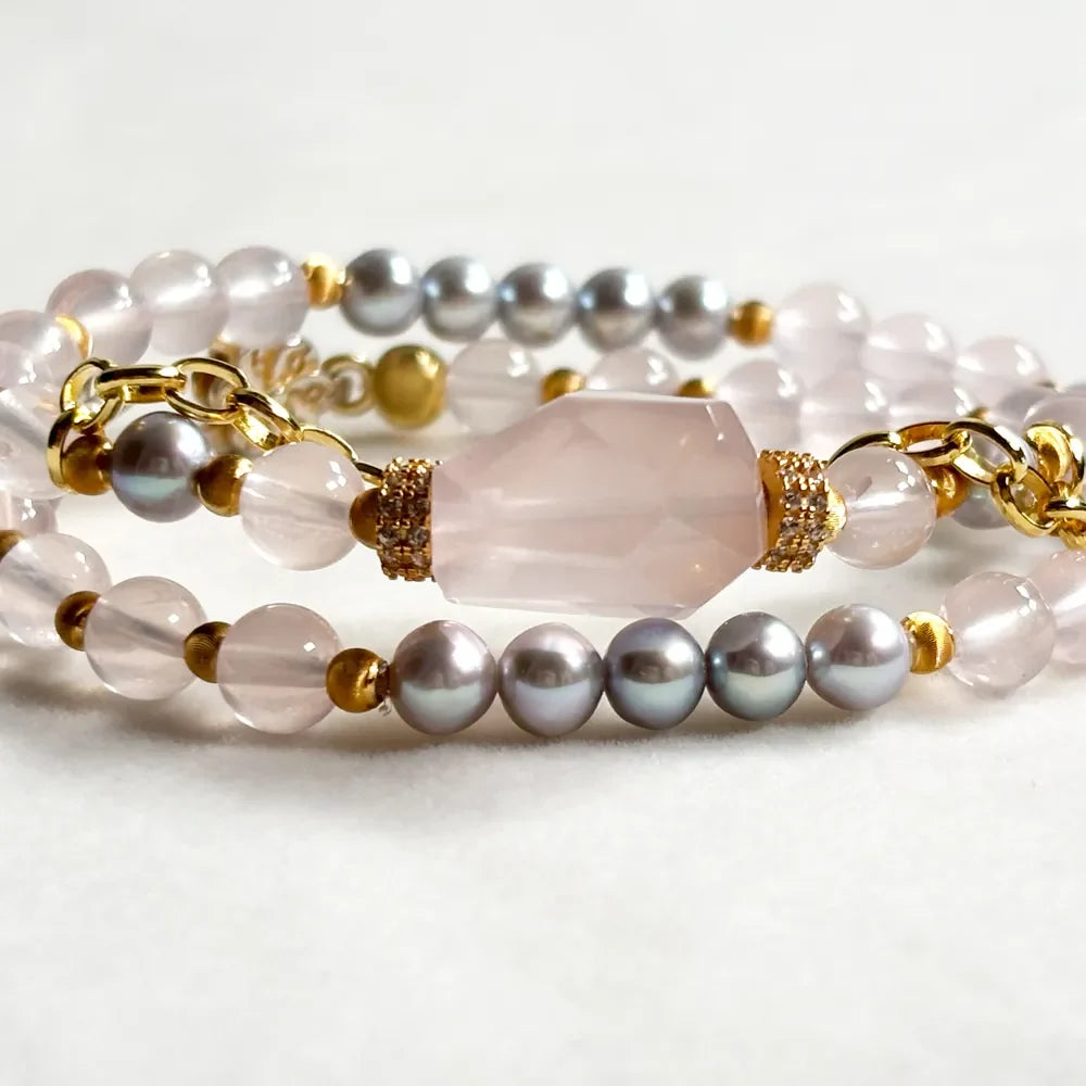Rose Quartz Charm + Mozambique Rose Quartz w/ Akoya Pearl Dual- Loop Bracelet