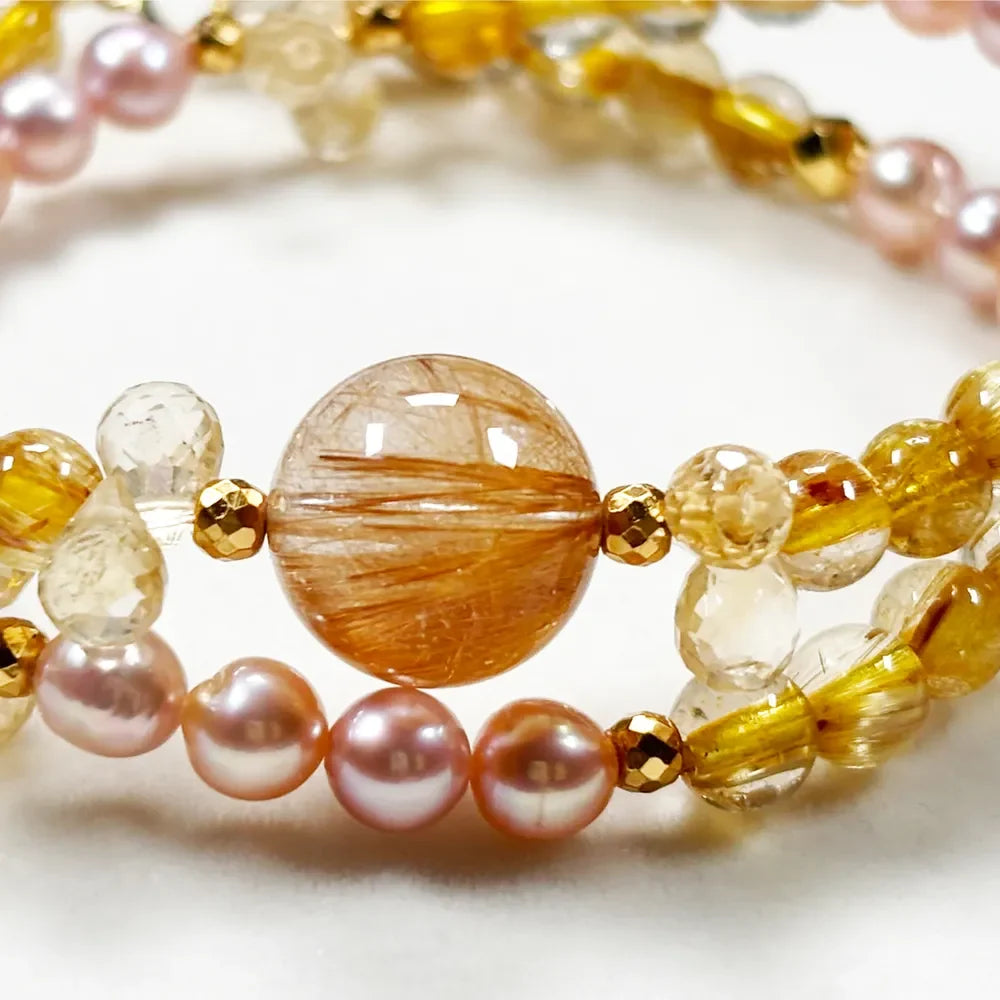 Golden Titanium Rutilated Quartz + Golden Titanium Rutilated Quartz  + Citrine w/ Freshwater Pearl Dual- Loop Bracelet