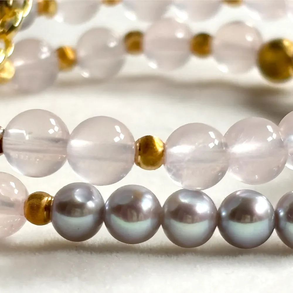 Rose Quartz Charm + Mozambique Rose Quartz w/ Akoya Pearl Dual- Loop Bracelet