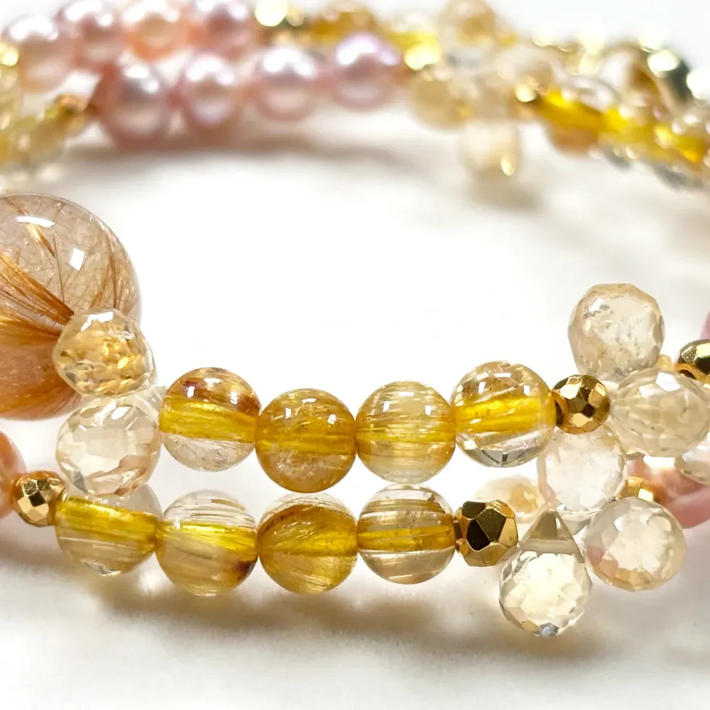 Golden Titanium Rutilated Quartz + Golden Titanium Rutilated Quartz  + Citrine w/ Freshwater Pearl Dual- Loop Bracelet