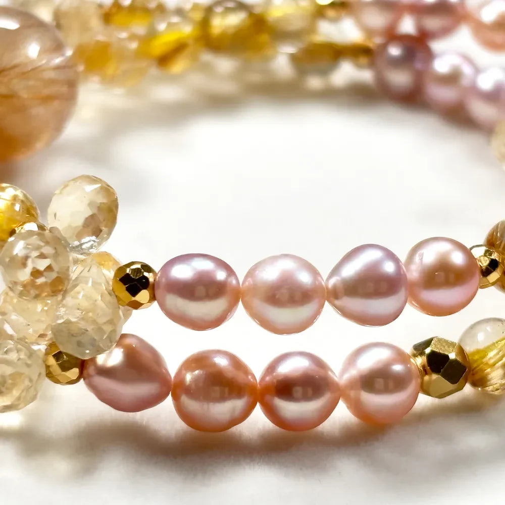 Golden Titanium Rutilated Quartz + Golden Titanium Rutilated Quartz  + Citrine w/ Freshwater Pearl Dual- Loop Bracelet