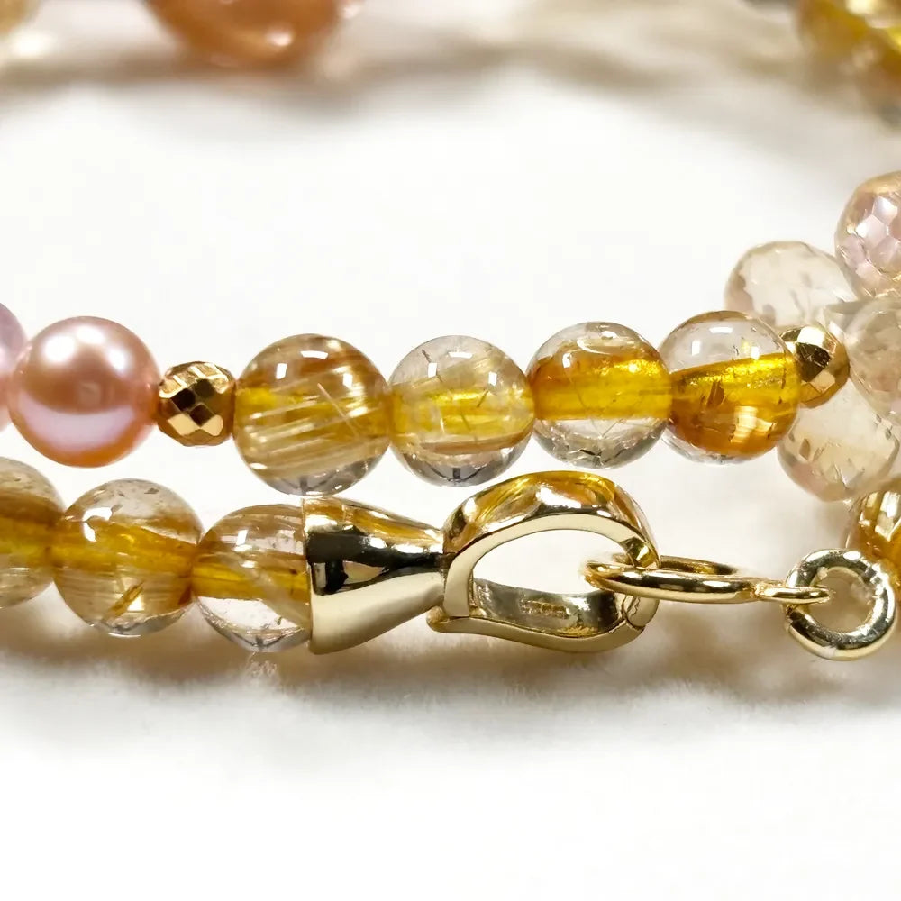Golden Titanium Rutilated Quartz + Golden Titanium Rutilated Quartz  + Citrine w/ Freshwater Pearl Dual- Loop Bracelet