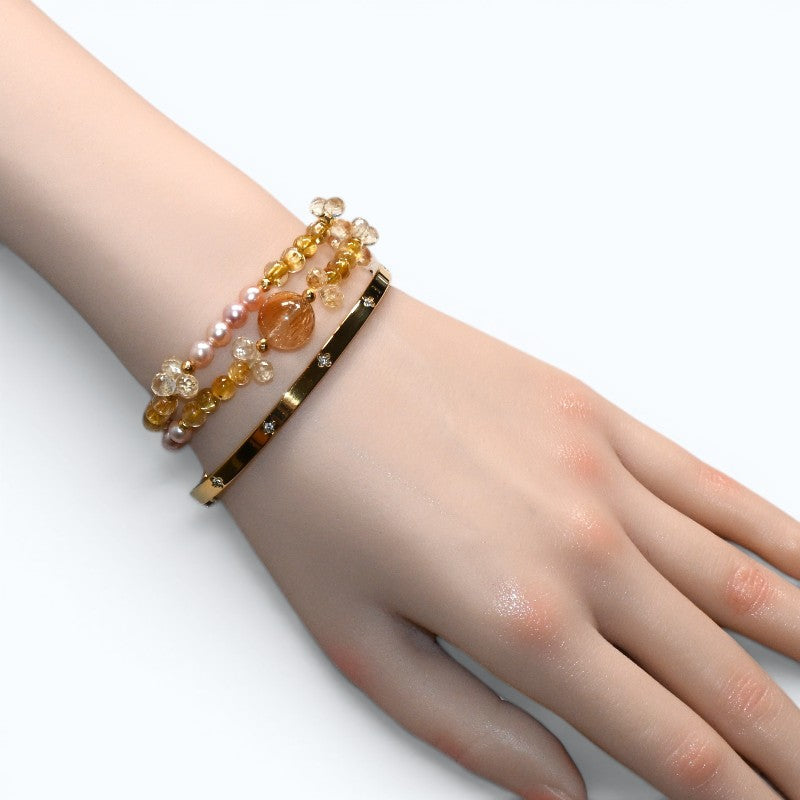 Golden Titanium Rutilated Quartz + Golden Titanium Rutilated Quartz  + Citrine w/ Freshwater Pearl Dual- Loop Bracelet