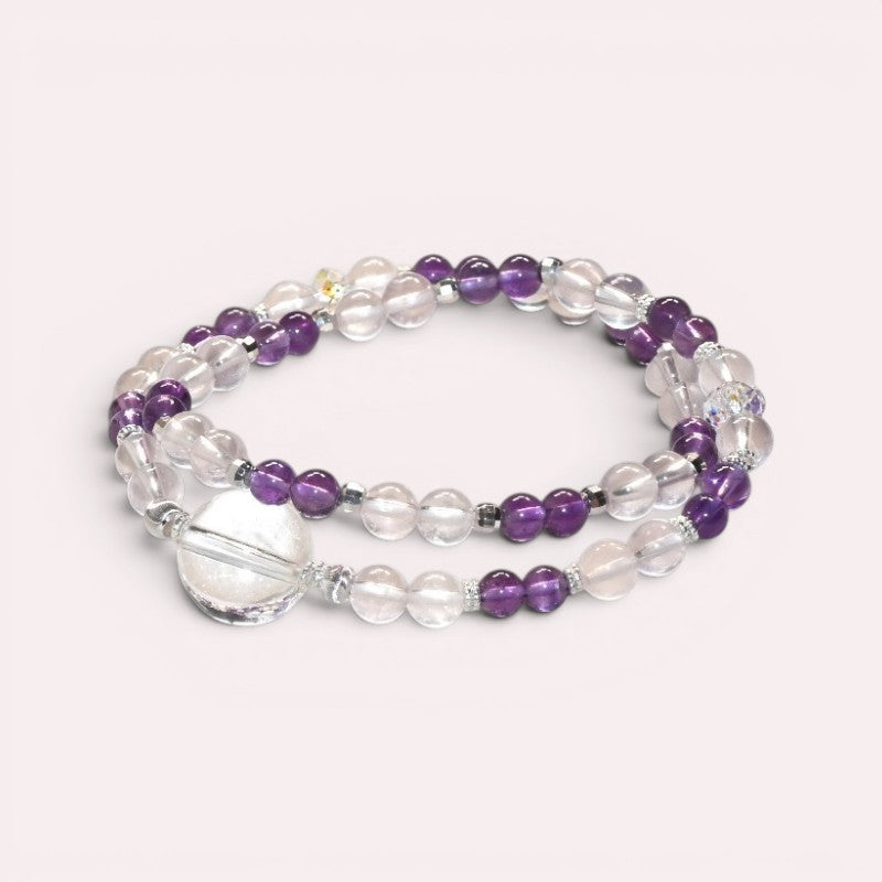 Clear Quartz Charm + Amethyst w/ Mozambique Rose Quartz Dual- Loop Bracelet