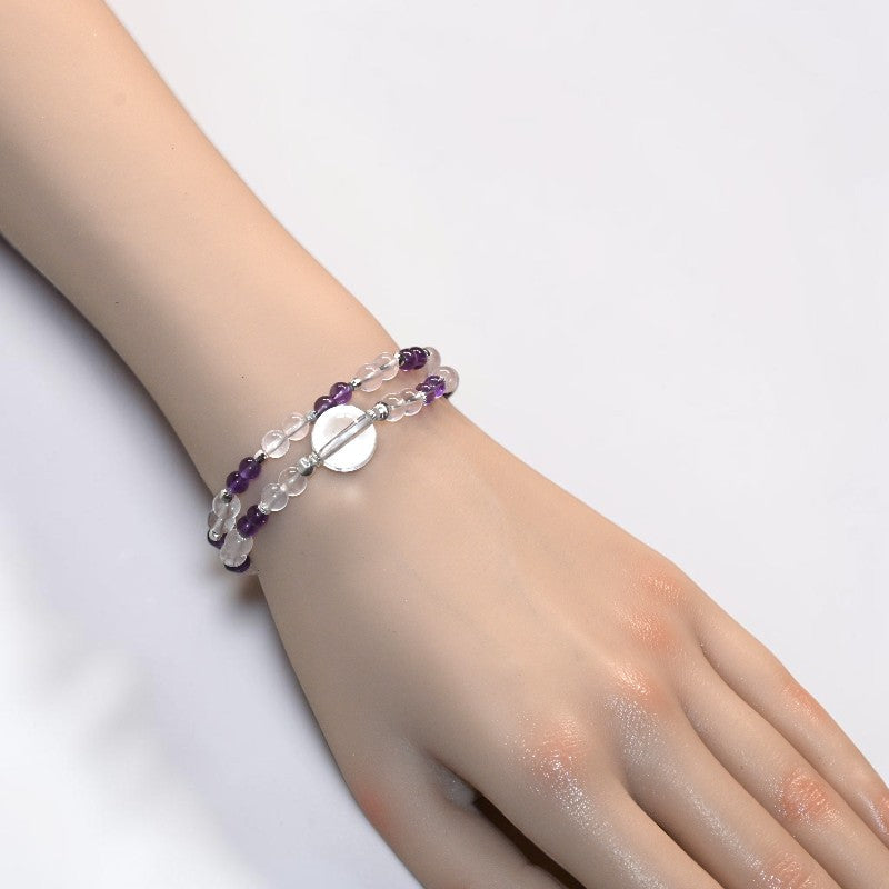 Clear Quartz Charm + Amethyst w/ Mozambique Rose Quartz Dual- Loop Bracelet