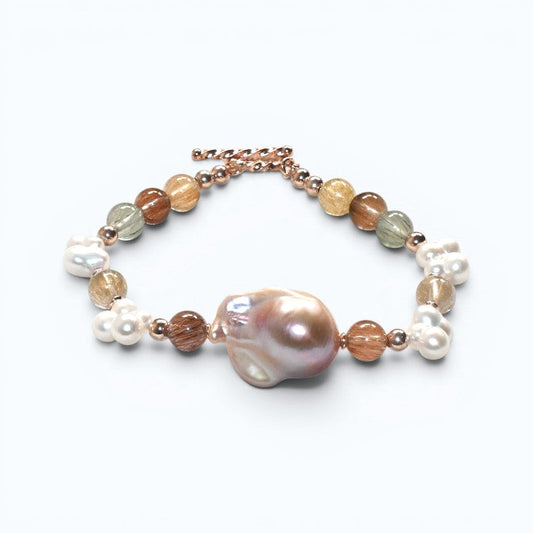 Freshwater Pearl w/ Rainbow Rutilated Quartz Bracelet