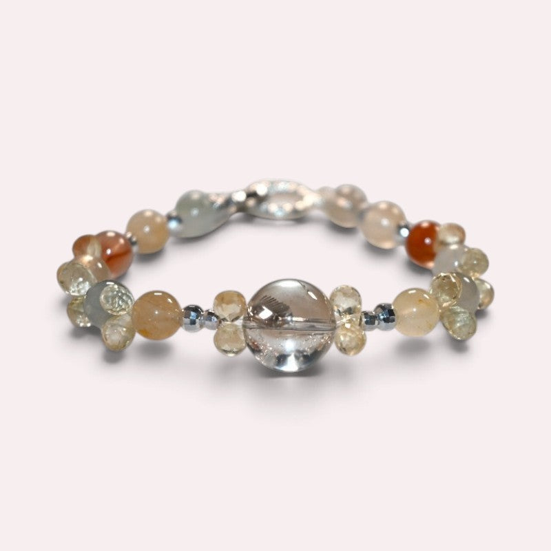 Rainbow Clear Quartz Charm +Rainbow Rabbit Fur Quartz  w/ Citrine Bracelet