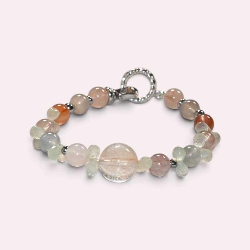 Rutilated Quartz Charm +Rainbow Rabbit Fur Quartz  w/ Prehnite Bracelet